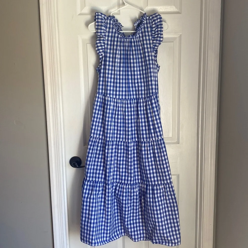 J. Crew Blue and White Gingham Tiered Midi Dress